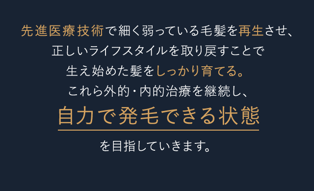 先進医療技術で細く弱っている毛髪を再生させ、正しいライフスタイルを取り戻すことで生え始めた髪をしっかり育てる。これら外的・内的治療を継続し、自力で発毛できる状態を目指していきます。